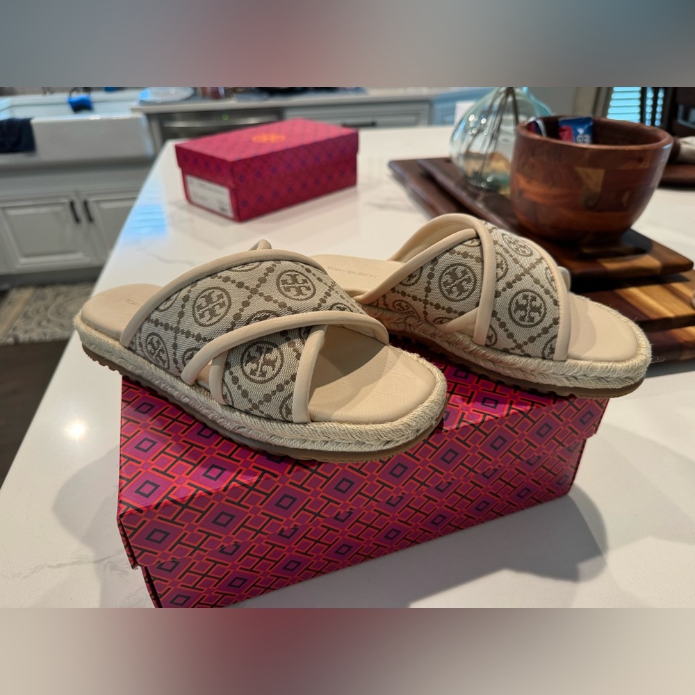 Tory Burch Beige and Brown Espadrille Slides